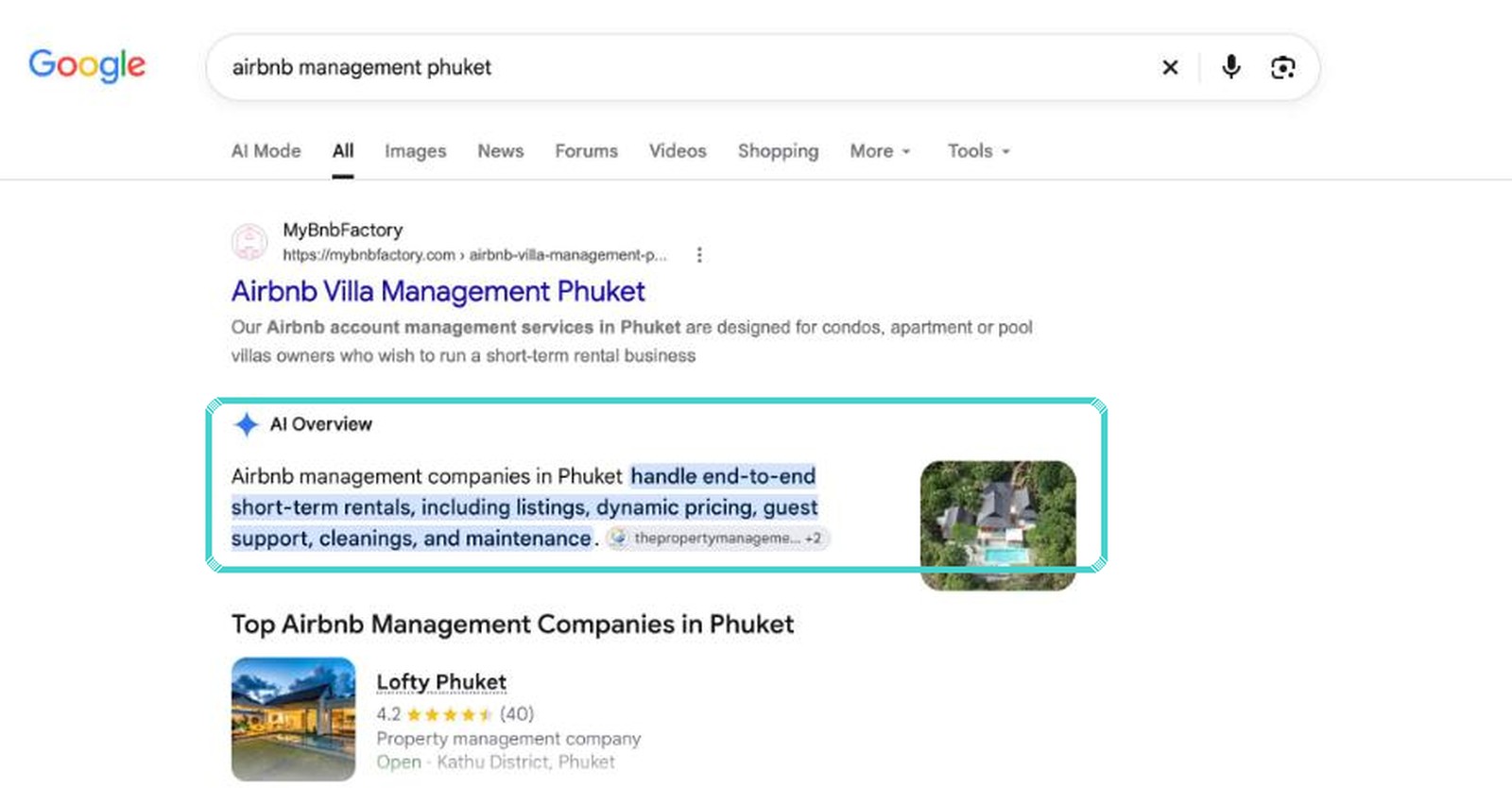 Google AI Overview citation for airbnb management phuket