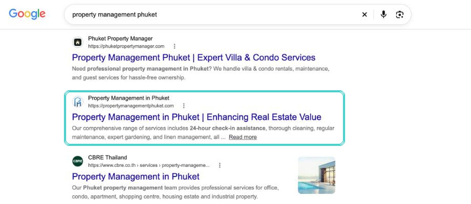 Google page one for property management phuket
